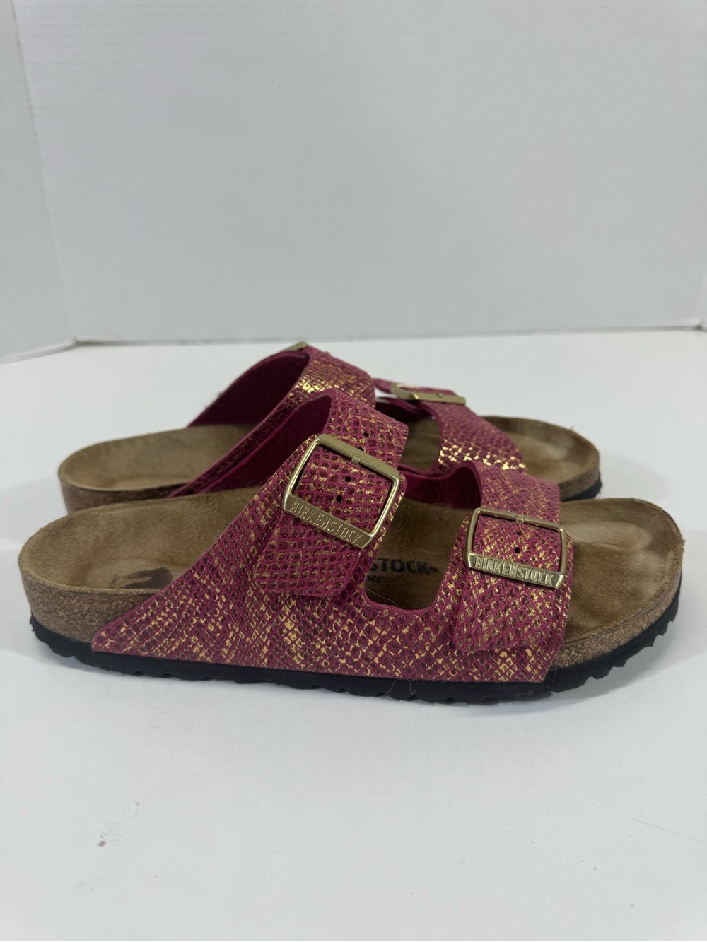 Birkenstock 41 Arizona Metallic Pink & Gold Snake-Print Sandals Womens 10 - Picture 3 of 9